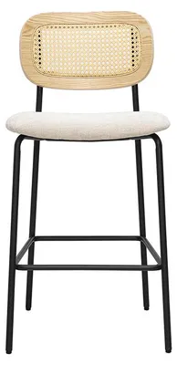 Produktbild von Miliboo - Design-Barhocker aus Stoff mit strukturiertem Samteffekt, beige, schwarzes Metall und Rattangeflecht (2er-Set) MIRANDA