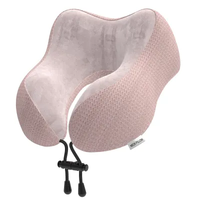 Produktbild von Nackenkissen Flugzeug, Reisekissen Auto aus Memory Foam mit samtweichem Bezug, Nackenhörnchen Erwachsene für Reisen, Camping, Büro und Haus (Rosa)