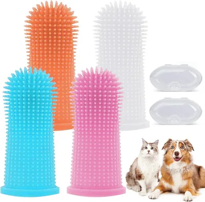 Produktbild von 4 Stück Hundezahnbürste, 360º Pets Zähne Reinigung Zahnbürste für Hunde Katzen, Silikon Fingerzahnbürste Hund, Fingerzahnbürste Wiederverwendbar, Hunde Zahnpflege Zahnreinigung