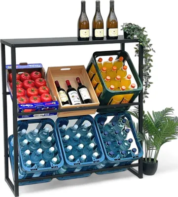 A metal shelving unit displaying drinks and produce.
