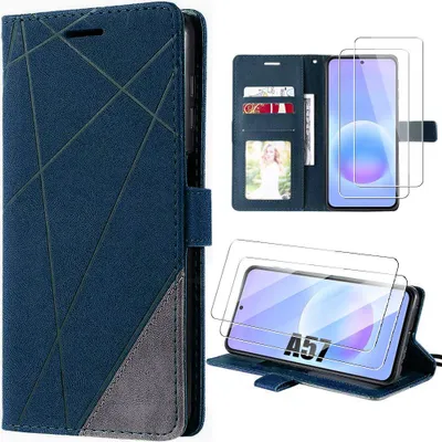 Image de Coque + 2 Verres Trempés pour Samsung Galaxy A57 5G, Protection Effet Cuir - Bleu Marine Gris