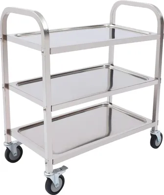 Zdjęcie produktu dla Wózek do serwowania / wózek kuchenny - Stal nierdzewna - 3 poziomy - 20 kg na półkę - Kółka z blokadą - Uchwyty - Do kuchni i biura