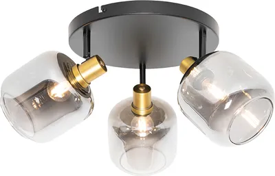 Zdjęcie produktu dla QAZQA - Modern DeckenSpot I Reflektor I Reflektor sufitowy I Reflektor sufitowy I Reflektor I Lampa I Lampa czarna ze złotem I Mosiądz z przydymionym szkłem 3-punktowy reflektor-płomień - Zuzanna I Salon I Sypialnia