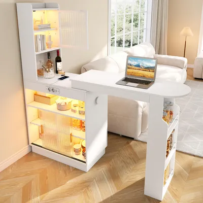 Productafbeelding van STILVORA bartafel met opbergruimte en uitschuifbare functie, barkast met glazen deuren en LED-verlichting, keukenkast met stopcontact, USB-poort en USB-C-poort
