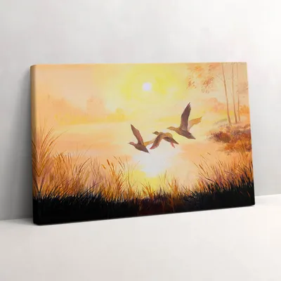 Produktbild von Kraniche bei Sonnenuntergang – Leinwandbild Wandbild – 60x40 cm – Leinwandbilder – Wandbilder – Schlafzimmer – Flur