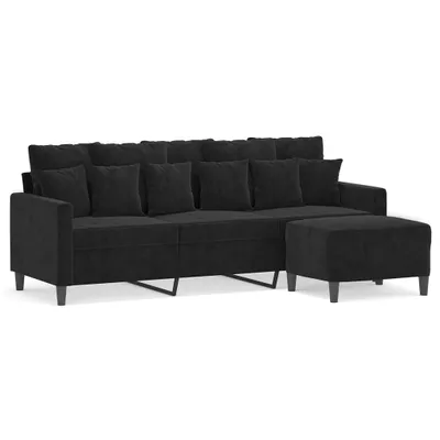 A black three-seater sofa with a matching ottoman, presented against a white background.
