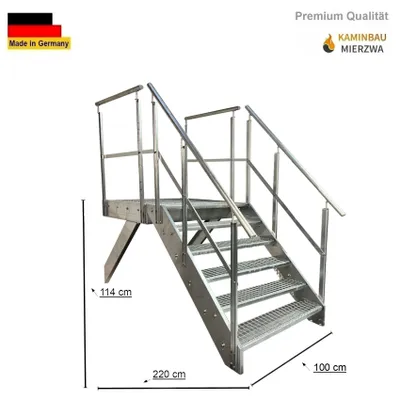 Obrázek produktu pro Podestové schody podélné ocelové schody 6 stupňů výška 114cm včetně podesty 100x100cm se zábradlím pozinkované Vyrovnávací schody přední (čelní) venkovní schody