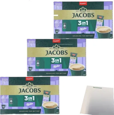 Produktbild von Jacobs 3in1 Löslicher Kaffee-Sticks Milka 30er (3x124g Packung) + usy Block