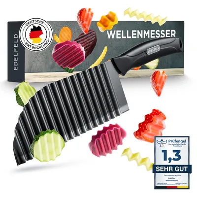 Produktbild von Edelfeld Wellenschneider für Pommes, Obst & Gemüse - Spülmaschinengeeignes Wellenmesser mit Titanklinge - Professionelles Riffelmesser aus Edelstahl