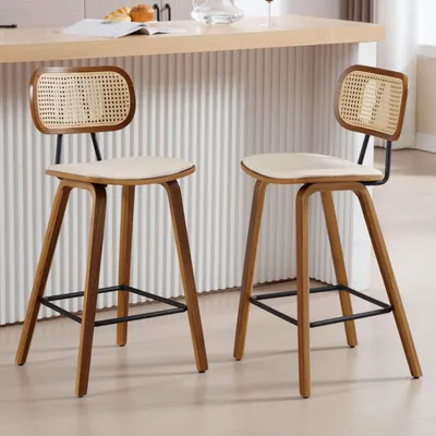 Produktbild von 2er Set Barhocker Rattan mit Lehne Kunstleder Beige Holzbeine