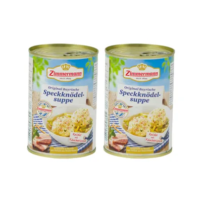 Produktbild von Speckknödel-Suppe – Suppe mit Speckknödeln aus Bayern 2x400ml Dose,von ZIMMERMANN Fleischwerke, passend für Brotzeit und Bier