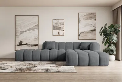 A gray sectional sofa is placed in a minimalist living room setting.