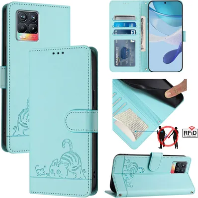 Collage of a light blue leather phone case with a cat design, showing different angles and features.