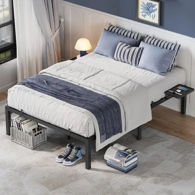 A bedroom scene with a bed, bedding, and decorative items.