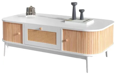 Immagine prodotto di Tavolino da salotto, cassetti contenitori, gambe in legno massello, bianco