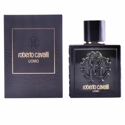 A black bottle of Roberto Cavalli Uomo Eau de Toilette and its matching black box are displayed side-by-side against a white background.