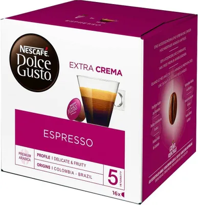 A box of Nescafé Dolce Gusto Espresso coffee capsules.
