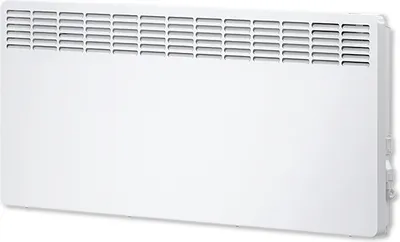 A white electric convector heater is shown from a three-quarter angle against a white background.