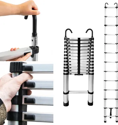 Obrázek produktu pro Baulich | Teleskopický žebřík z hliníku – 3,8 m – 13 příček – výška až 4,9 m – odrazky a háky