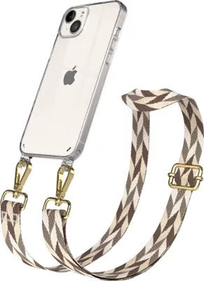 Produktbild von EAZY CASE Handykette - Verstellbarer Trageriemen kompatibel mit Apple iPhone 14 Plus, Handykordel mit transparenter Silikon-Hülle, Karabiner Gold, Mix Style, Band in Braun