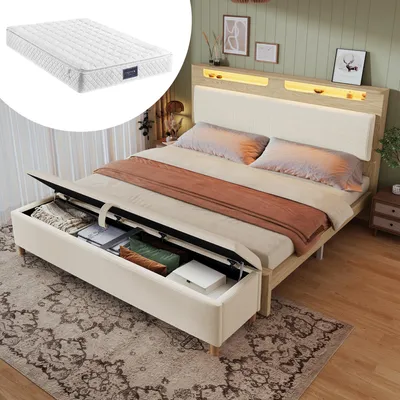 Produktbild von okwish Bettgestell Polsterbetten 160×200cm,Bettrahmen Holzbett,Jugendbett mit Wettbank auf Stauraum,Doppelbett mit LED-Beleuchtung und Beigefarbener Cordpolster-Rückenlehne