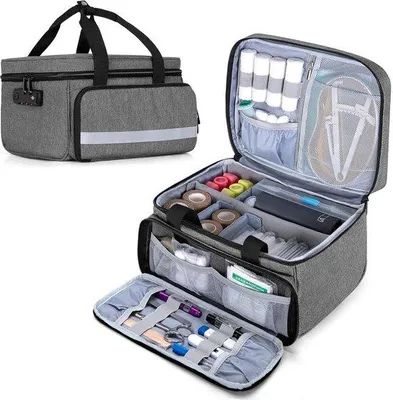 Produktbild von Famanu Medikamententasche - Tragbare Erste-Hilfe-Tasche - Notfallrucksack mit vielen Fächern - Grau