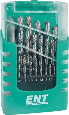 A set of drill bits in a plastic case.
