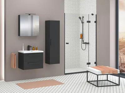 Produktbild von MONTIERT Badmöbel Set mit Waschbecken Keramik NICOLE  60cm SCHWARZ LED SOFTCLOSE Waschtisch Spiegelschrank 1 x Hochschrank
