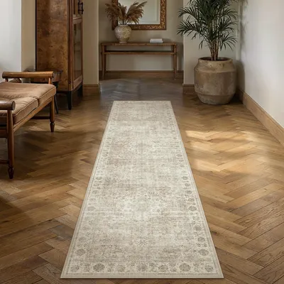 Produktbild von Omgoods - Vintage-Flurteppich, 60x240 cm, Beige - Maschinenwaschbar und rutschfest