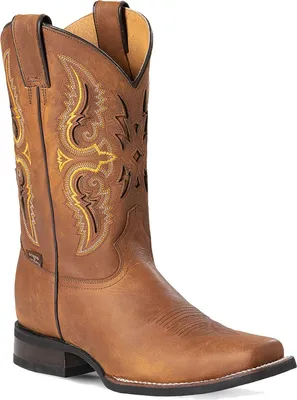 A single brown leather cowboy boot shown from a side-diagonal angle against a white background.