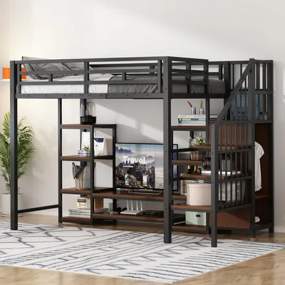A loft bed with integrated shelving and a TV stand, set up in a room.