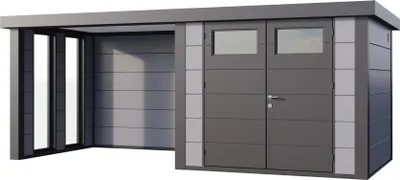 Produktbild von Telluria Metallgerätehaus Classico 2724 mit Lounge Anbau inkl. 2 Fenster lichtgrau Lounge-Anbau links