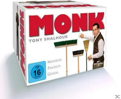 A box set of the TV show Monk, featuring the main actor Tony Shalhoub and three brooms.