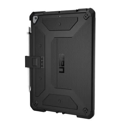 A black UAG Metropolis case for an iPad is shown from the back, with an Apple Pencil attached to the side.