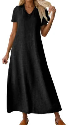 Produktbild von Sommerkleid, leicht – Midikleid – Kurze Ärmel – V-Ausschnitt – A-Linie – Mit Taschen – Atmungsaktive Baumwolle/Leinen