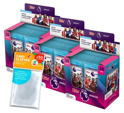 Zdjęcie produktu dla Zestaw kart kolekcjonerskich Premier League 2026/27 – 3 opakowania (84 boostery) + ekskluzywne etui kolekcjonerskie