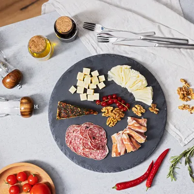 Produktbild von Navaris Drehteller aus Schiefer Ø 30 cm - drehbare Schieferplatte rund - Organizer Teller Karussell - Lazy Susan Drehplatte Küche - Servierplatte