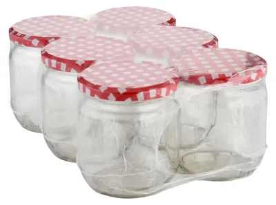 Six glass jars with red and white checkered lids are shrink-wrapped together on a white background.