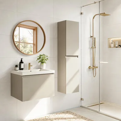 Produktbild von LOMAZOO Badmöbelset SORRENTO 60 cm - Mit Hochschrank - Greige - Waschbecken Weiß