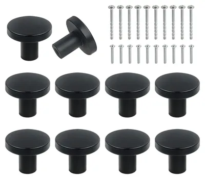 Image de 10 boutons d'armoire noirs, boutons ronds de 20 x 25 mm avec 20 vis de fixation, boutons de porte en laiton, boutons de meuble pour armoires de cuisine, penderies, tiroirs et portes.