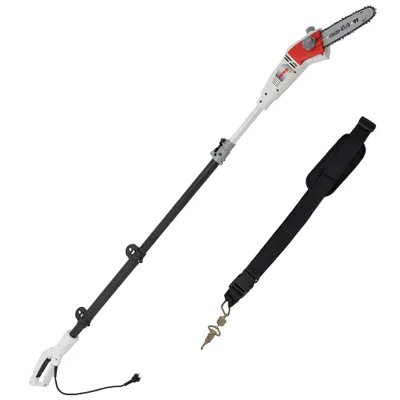 A product shot of an electric pole saw and its shoulder strap against a white background.