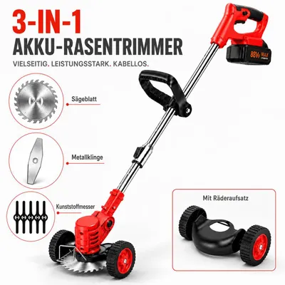 Produktbild von Akku-Rasentrimmer 21V mit 2 Akkus & Ladegerät, 3-in-1, Teleskopstiel mit Rädern, Elektrischer Kantenschneider für Garten & Rasen