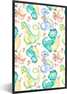 Produktbild von MuchoWow® Gerahmtes Poster Dinosaurier - Aquarell - Kinder - Jungen - Mädchen - Kinder 20x30 cm - Poster mit Schwarzem Bilderrahmen Wandposter Rahmen Foto Bilder - Drucken - Bilder Poster im Rahmen