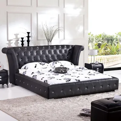 Produktbild von Chesterfield Big Bett XXL Kopfteil Betten Polster Hotel Samt Schwarz Stoff Ohren