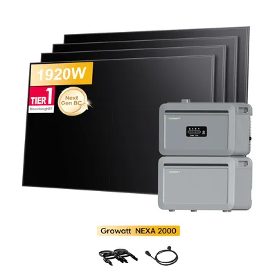 Produktbild von Powerness Balkonkraftwerk mit Speicher, Growatt NEXA 2000 Speicher 2048Wh und NEXA 2000E Erweiterungsakku & 4x Sunpro BC Bifaziale Full Black Solarmod
