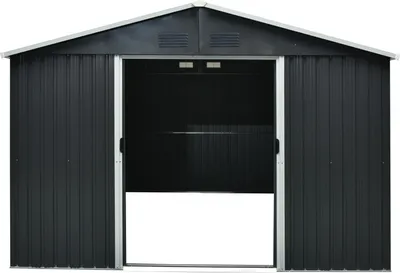 A dark gray metal shed with double doors open, revealing the interior.