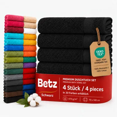 Produktbild von Betz 4 Stück Duschtücher 70 x 140 cm PREMIUM 100% Baumwolle Liegetuch Strandtuch Farbe: schwarz, KI-generiertes Bild