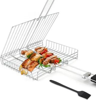 Productafbeelding van Draagbare grillhouder van roestvrij staal met houten handvat, geschikt voor vis en groenten, inclusief sauskwast, afmetingen 26 x 20 x 3,5 cm