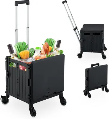 Produktbild von Einkaufstrolley – Faltbar – Schwenkräder – Deckel – Teleskopischer Griff – Bis zu 35 kg – Faltkorb – Schwarz
