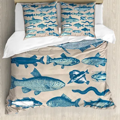 Immagine prodotto di Set copripiumino ABAKUHAUS, stile grunge, tema marittimo e frutti di mare, motivo illustrativo, 155 x 220 cm + 80 x 80 cm, beige multicolore